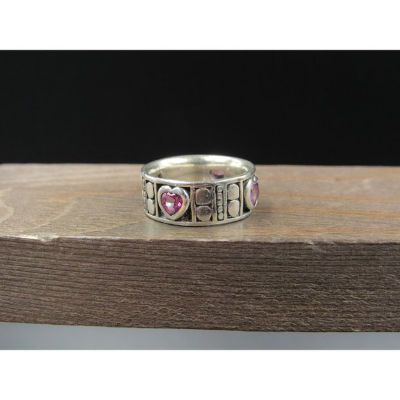 Size 6.25 Sterling Silver Pink Topaz Heart Gemstones Band Ring - Picture 2 of 8